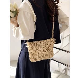 Small Fringe Trim Straw Crossbody Bag